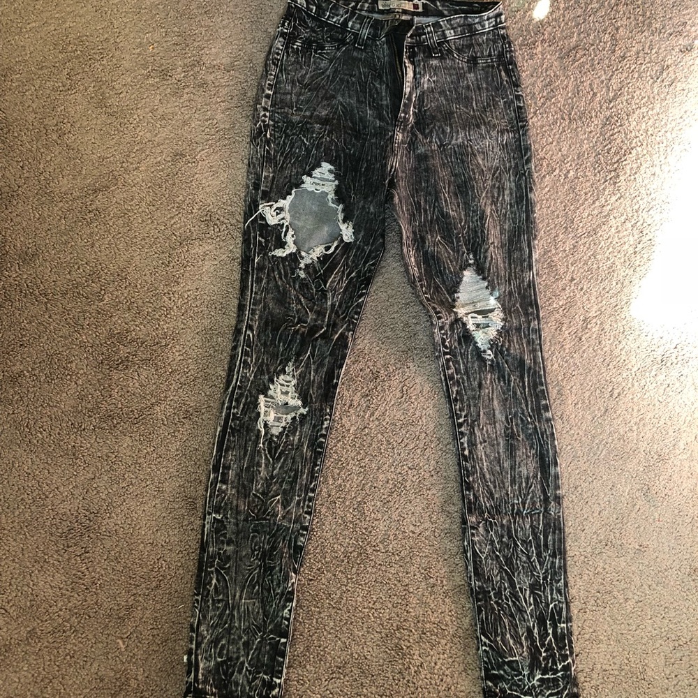 Super High waist distressed gray stone wash denim